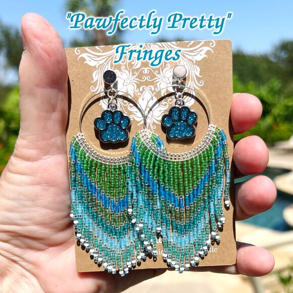 Handmade Beaded Long Fringe Paw Love Dangle Drop Lightweight Post Hoop Earrings - Picture 1 of 8